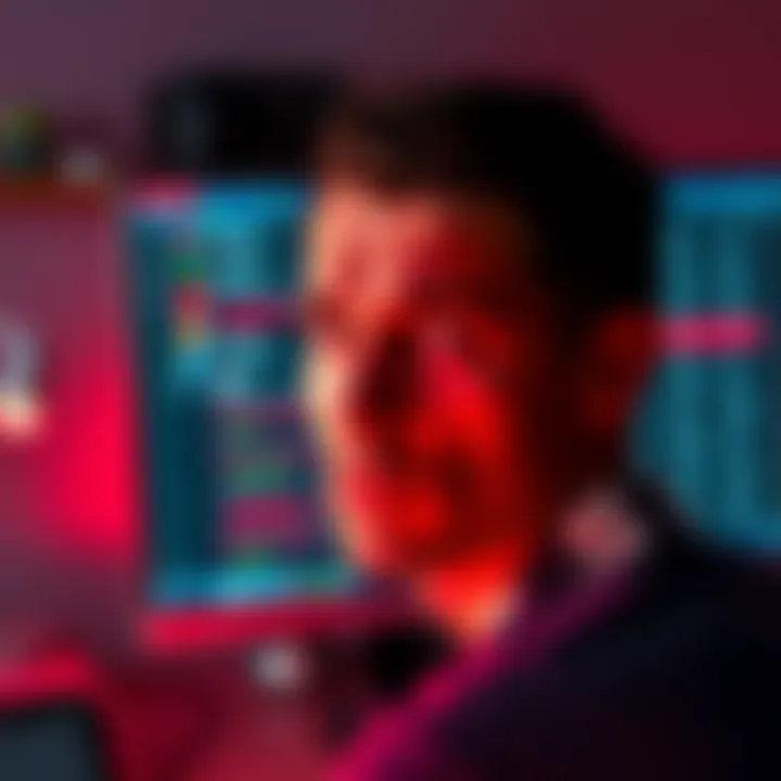 A person looking frustrated at a computer screen showing sync errors and blocked icons