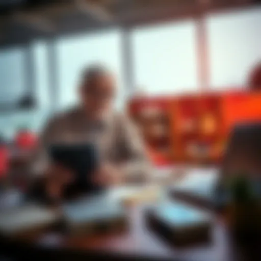 Tablet and Laptop Comparison An older person contemplating between a tablet and a laptop for academic purposes, with books and study materials on the table.