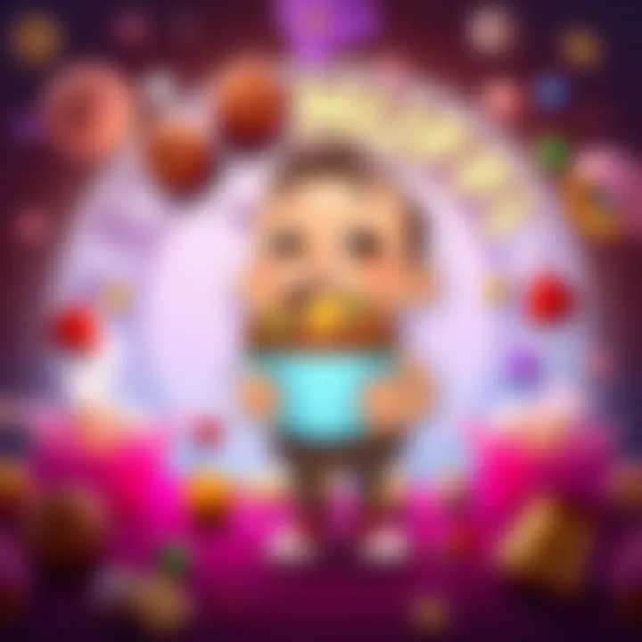 An illustrated character from Take My Muffin holding a muffin, surrounded by vibrant animated elements and the $MUFFIN token symbol in the background.