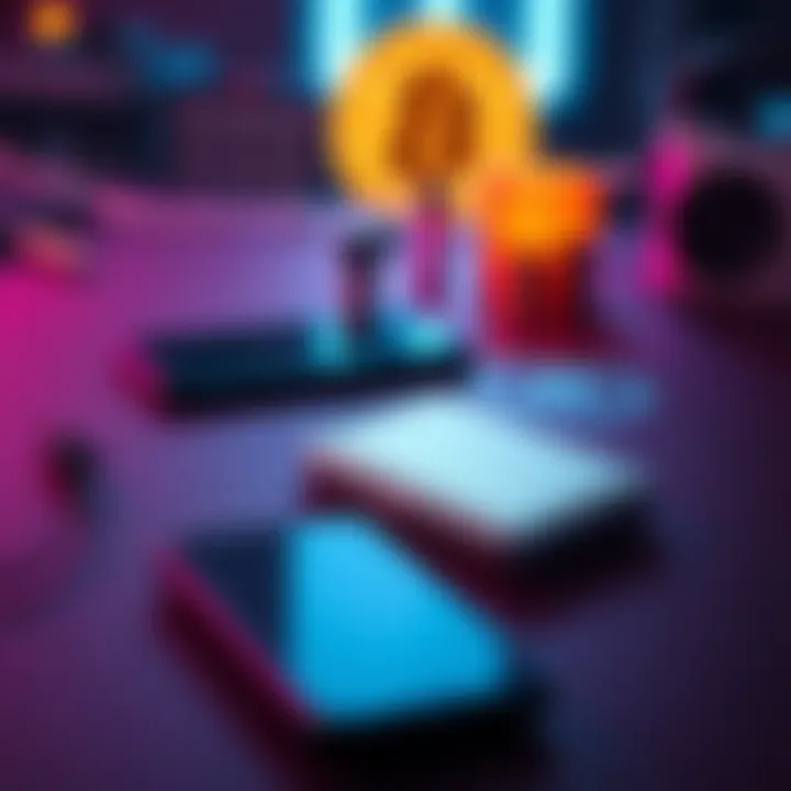 A compact Tangem hardware wallet placed on a table with a smartphone and cryptocurrency symbols in the background.