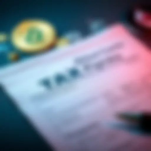 A close-up of a tax form with crypto symbols like Bitcoin and Ethereum in the background, highlighting the focus on crypto transactions and taxes.