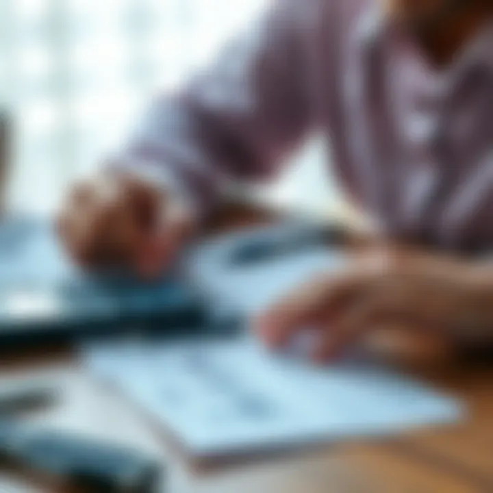 A person reviewing tax documents with a calculator and a 1099 form on a desk.