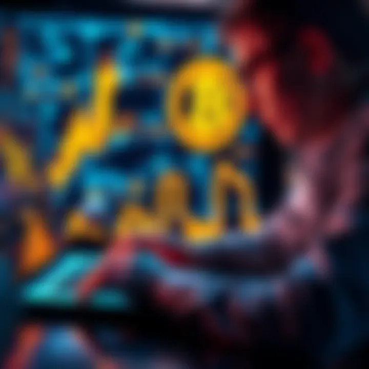 A close-up of a person analyzing Bitcoin transactions on a laptop with blockchain graphics in the background