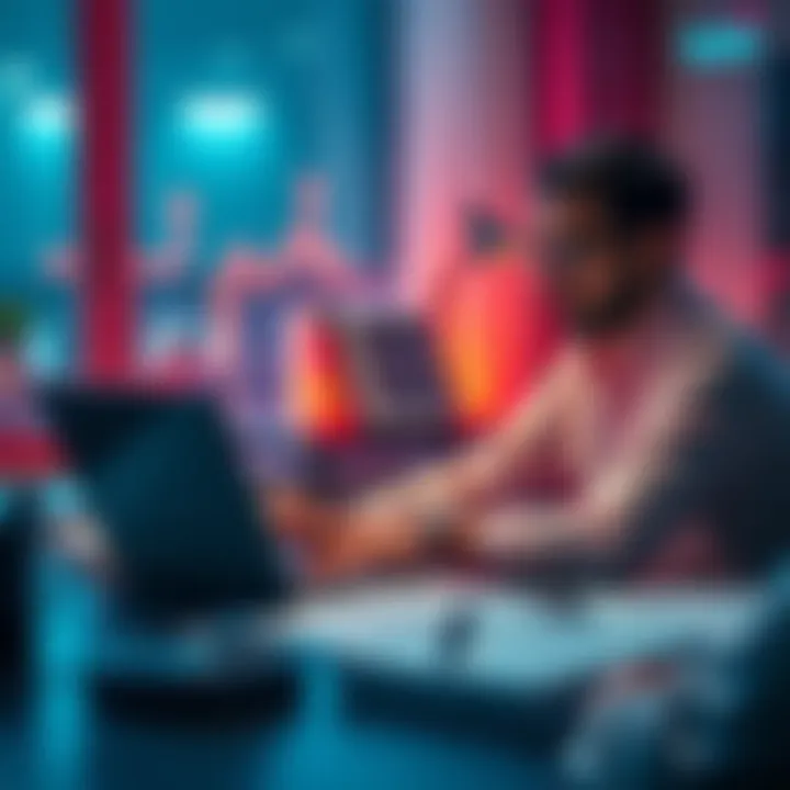 Individual sitting at a desk with a laptop, reviewing tax documents and using tax software to file their cryptocurrency taxes