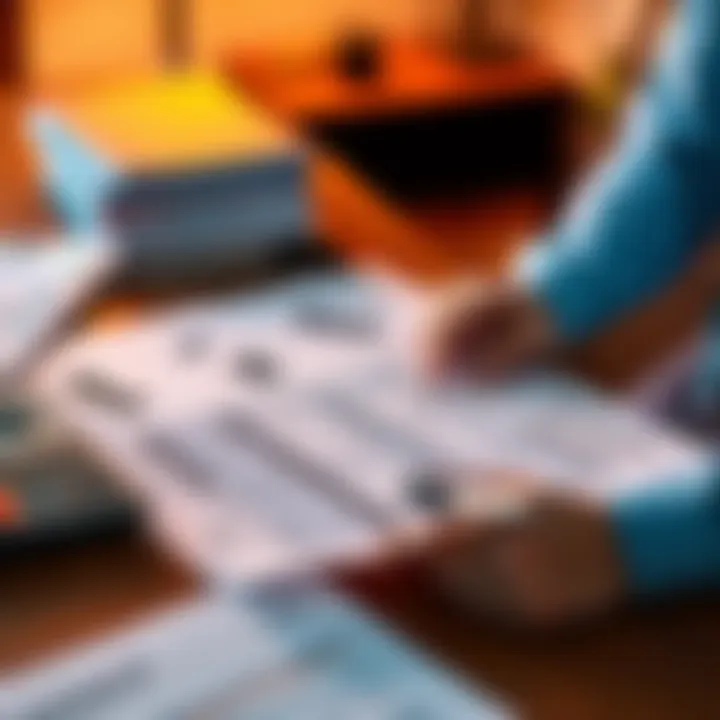 A person reviewing tax documents with 8949 and Schedule D forms on a desk, surrounded by a calculator and financial papers