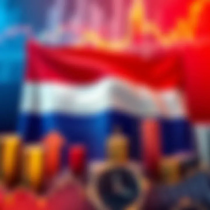 A graphic representation of the Dutch flag alongside financial charts, symbolizing the proposed tax on unrealized gains in the Netherlands.