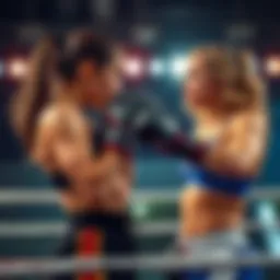 Tayla and Jolene face off in a boxing ring A boxing ring scene with Tayla and Jolene preparing to fight, showcasing their determined expressions and athletic postures