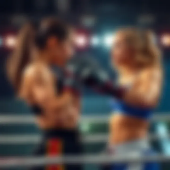 Tayla and Jolene face off in a boxing ring A boxing ring scene with Tayla and Jolene preparing to fight, showcasing their determined expressions and athletic postures