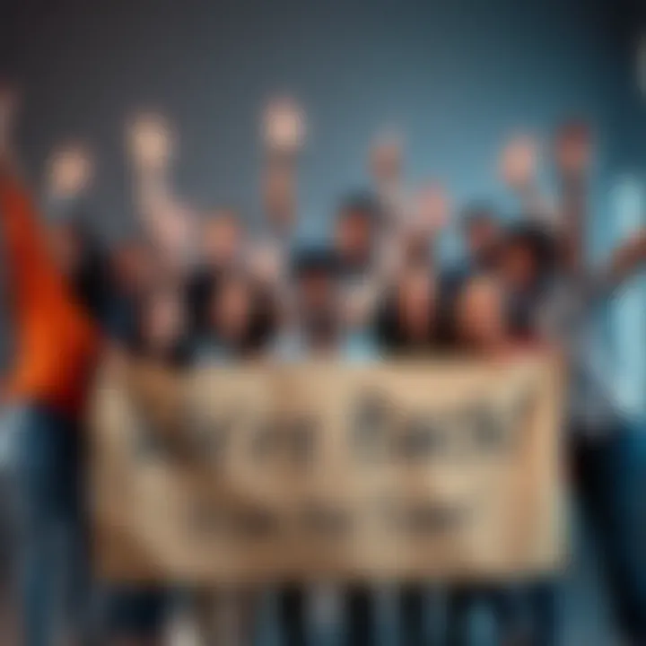 A group of diverse team members celebrating a fresh start, showcasing enthusiasm and excitement for future projects, holding a banner that says 'We're Back.'