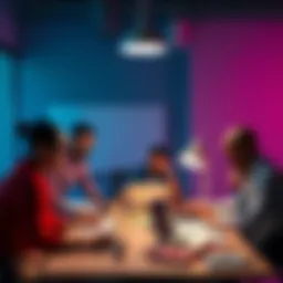 A diverse group of people collaborating around a table with laptops and notes, focused on improving productivity.