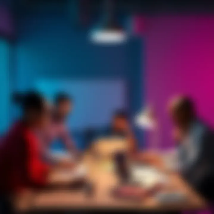 A diverse group of people collaborating around a table with laptops and notes, focused on improving productivity.