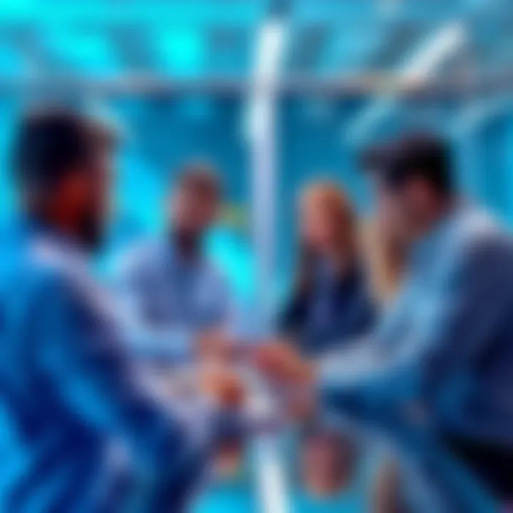 A diverse team of professionals discussing blockchain technology and risk management in a modern office setting