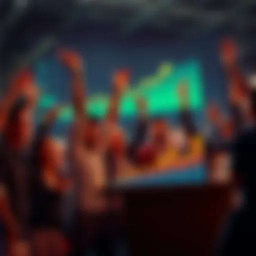 Group of people celebrating with charts showing growth towards a trillion-dollar goal