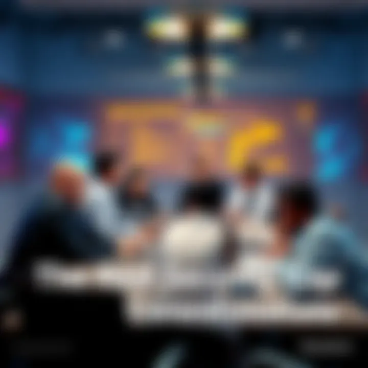 A team of diverse professionals discussing cybersecurity strategies around a conference table, focused on improving coordination to address security gaps.