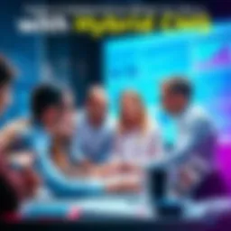 A diverse team of marketers and developers collaborating over a digital content management system, with one person editing visuals and others discussing structured data.