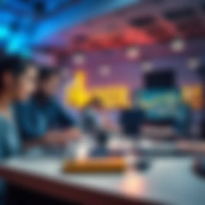 A group of people collaborating at a table, designing and coding a hackathon project