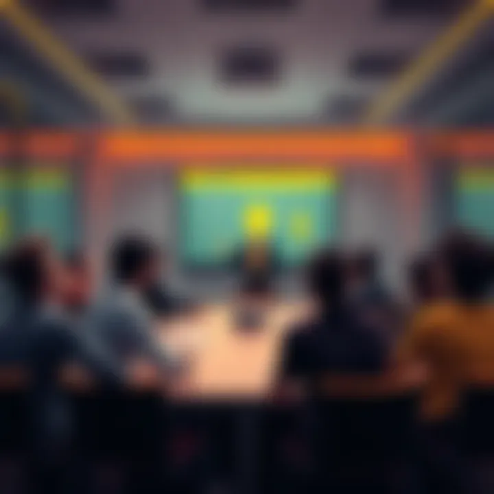 A team gathered in a conference room discussing the potential hire of Piss-Bender, with one person presenting his skills on a projector.
