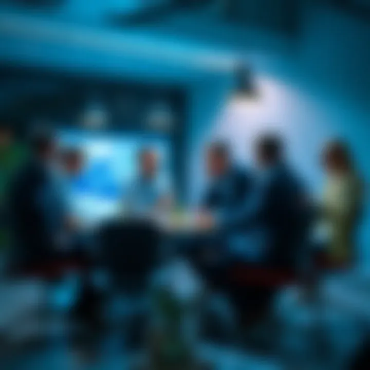 A group of professionals brainstorming ideas around a table, focusing on overcoming project difficulties and finding solutions.