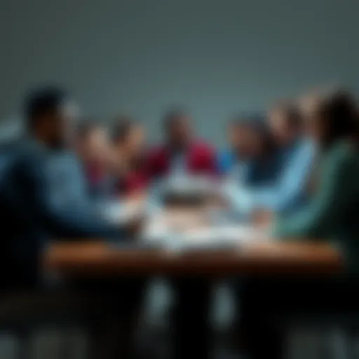 A diverse group of team members gathered around a table, discussing strategies and plans for a team challenge, with notebooks and laptops open