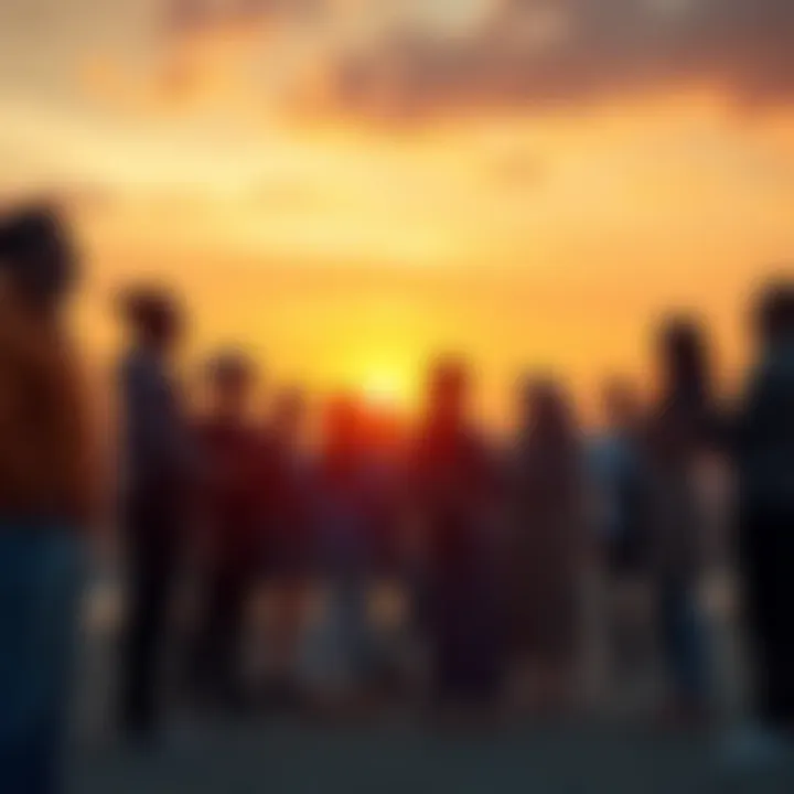 A diverse team stands together, reflecting on changes and losses during a migration journey, with a sunset in the background symbolizing hope and new beginnings.