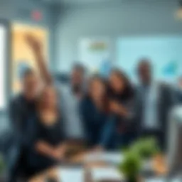 A diverse team of professionals smiling and celebrating in an office, with charts and graphs showing positive project outcomes in the background.