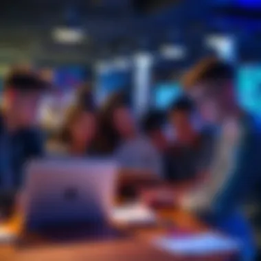 A group of young people collaborating on a coding project for a hackathon, with laptops and notes around them.