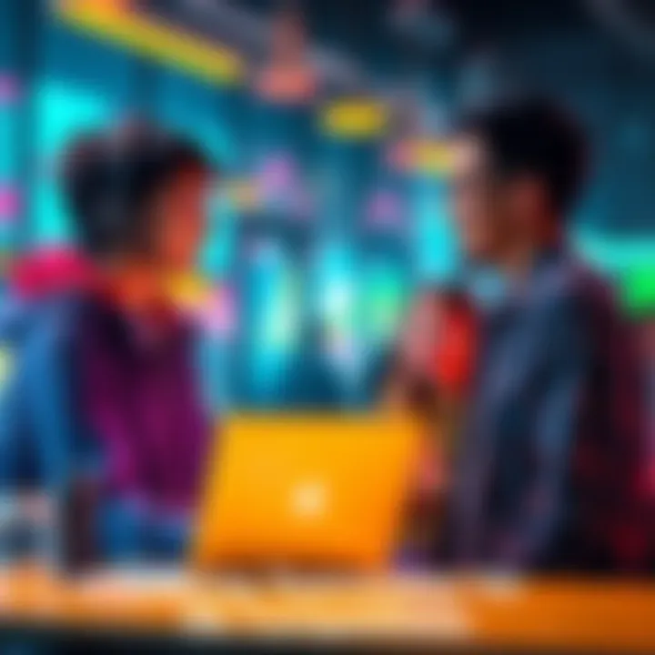 A student looking for teammates for data science competitions, holding a laptop and discussing with peers in a collaborative environment.