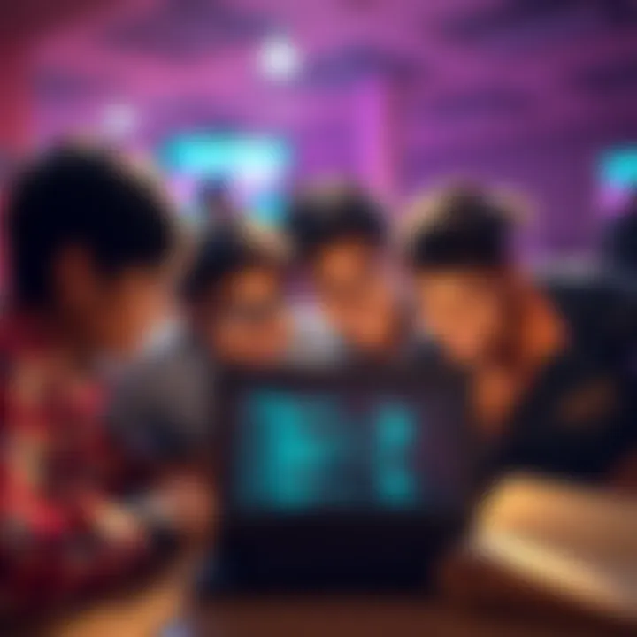 A group of school students collaborating on a tech project, with a laptop open and coding visible on the screen, representing teamwork