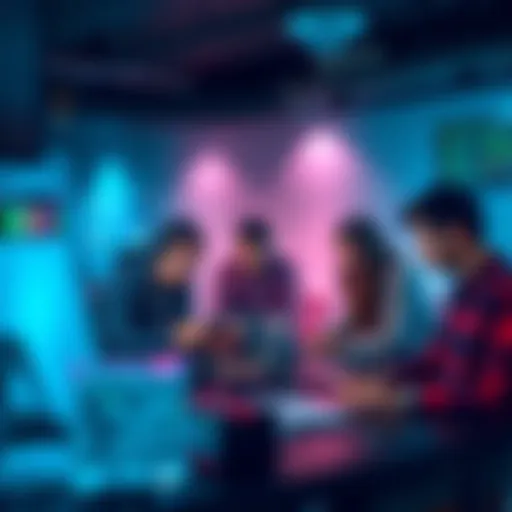 A group of tech enthusiasts collaborating on cloud and DevOps projects, surrounded by laptops and coding materials.