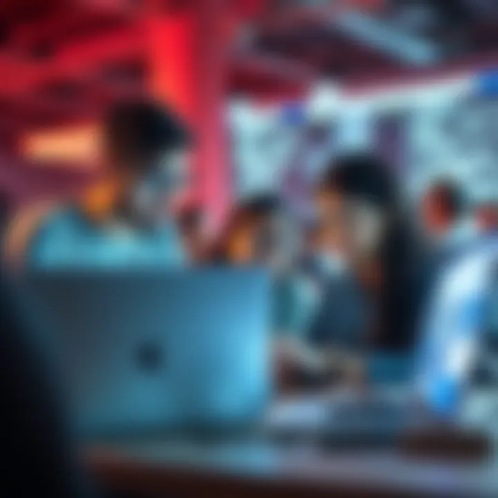 A group of people collaborating on a laptop during a hackathon, discussing ideas and coding together.