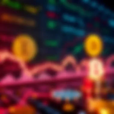 Graph showing a downward trend in technology stocks affecting cryptocurrency values with a backdrop of digital currency symbols.