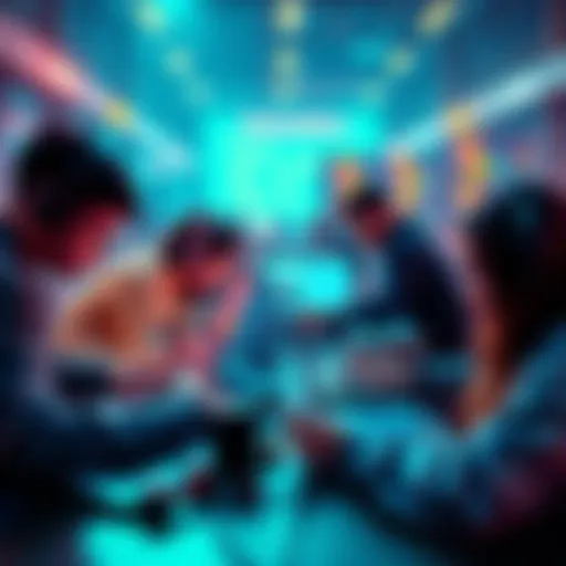 A visual representation of a tech hackathon featuring laptops, coding screens, and tech enthusiasts collaborating online.