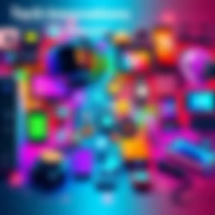 A vibrant collage of various technology gadgets and innovations, showcasing trends like artificial intelligence, smart devices, and virtual reality.