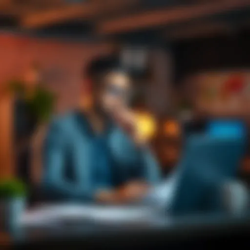 A thoughtful tech worker sitting at a desk, looking at financial documents and a laptop, with a concerned expression.