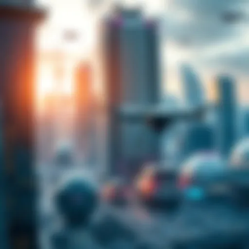 A futuristic city skyline with advanced technologies like drones and solar panels, representing innovation and progress.
