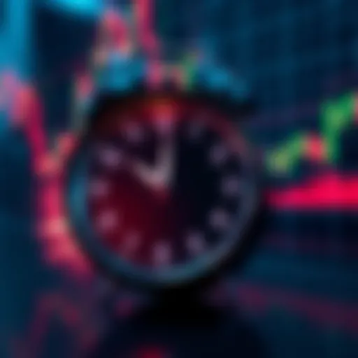 Technology and Market Cycles A digital clock speeding up against a stock market graph, symbolizing the fast pace of technology impacting market cycles, especially during bear markets.