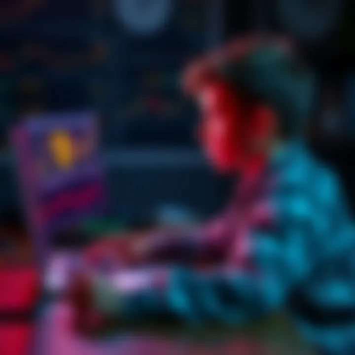 A 17-year-old sitting at a desk looking at a laptop with Bitcoin graphics on the screen, contemplating investment options