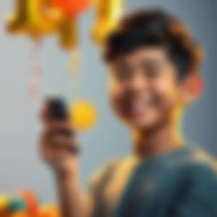 Teen Celebrates Bitcoin Milestone A 15-year-old boy smiles while holding a smartphone displaying his Bitcoin wallet, with a celebratory birthday balloon in the background, symbolizing his achievement in cryptocurrency.