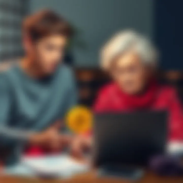 A teenager shows his grandmother how to use Bitcoin on a laptop, with a confused look on her face, surrounded by papers and a coffee cup.