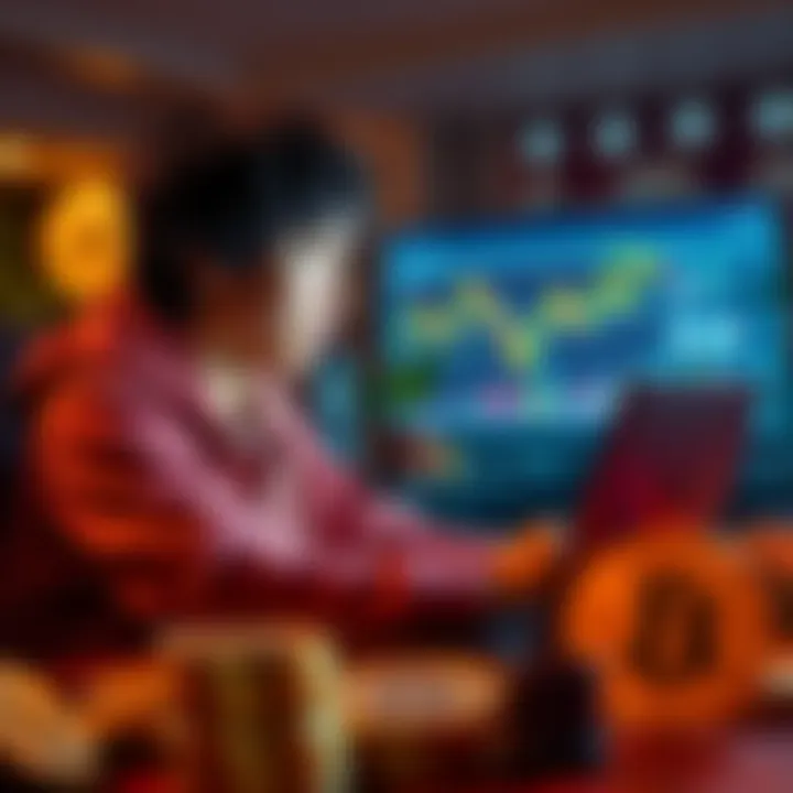 A teenager researching cryptocurrency investment options on a laptop, surrounded by charts and coins, looking enthusiastic about investing.