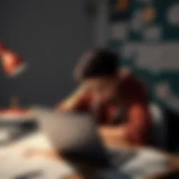 A 15-year-old teenager sitting at a desk with a laptop, looking frustrated while researching trading resources. Papers and notes scattered around, indicating their journey through scams and the desire...