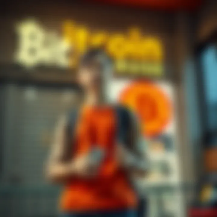 A teenager stands in front of a small business with a Bitcoin sign, looking confident while holding a phone showing a digital wallet app.