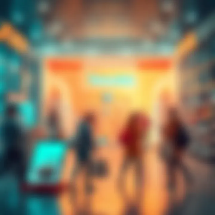 A vibrant online shopping scene showing people engaging with Temu Ads on various devices