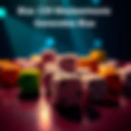 A close-up of various D6 dice sitting on a table, showing different colors and patterns used for BIP39 mnemonic generation testing.