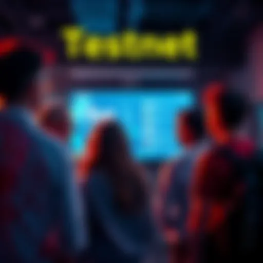 A group of people discussing around a digital screen displaying testnet features.