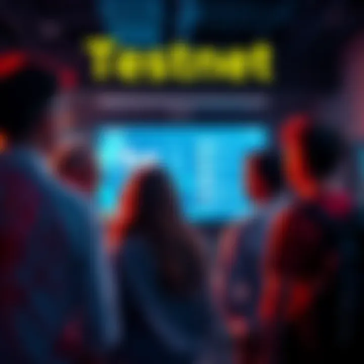 A group of people discussing around a digital screen displaying testnet features.