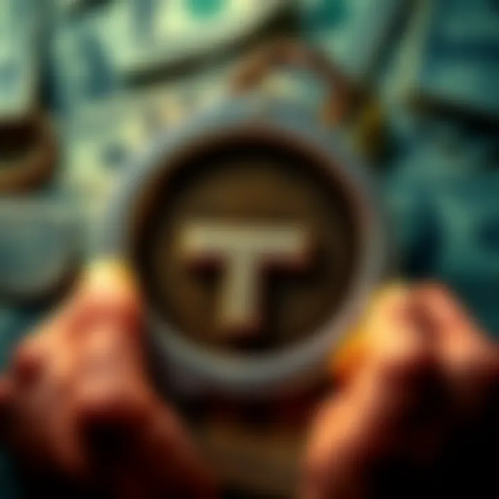 Graphic showing Tether symbol with dollar bills and handcuffs, representing its use in money laundering