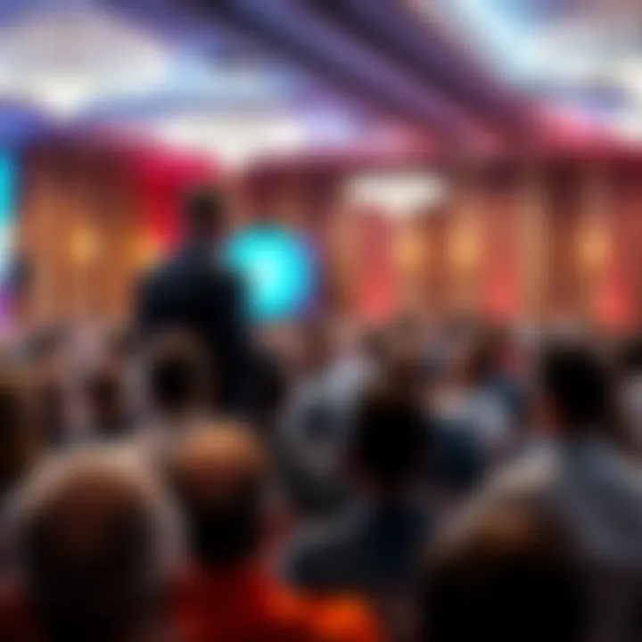 Tether CEO giving a speech at a financial conference with an engaged audience