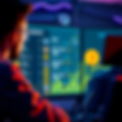 An individual looking at cryptocurrency options on a computer screen, with Tether symbols displayed alongside other cryptocurrencies.