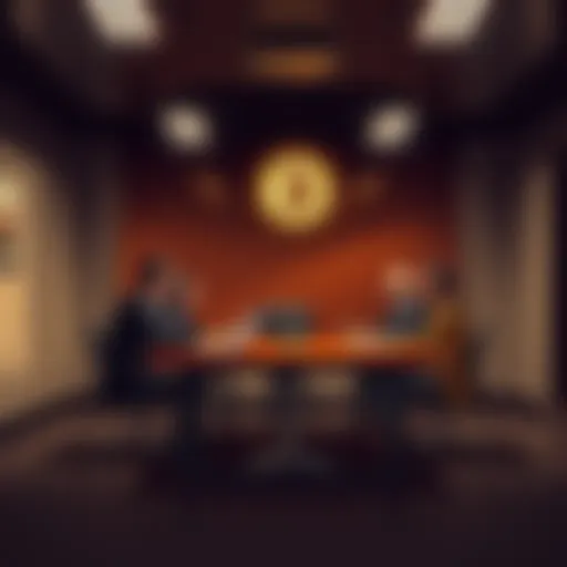 A group of five people discussing Bitcoin strategy around a table in a Texas government office